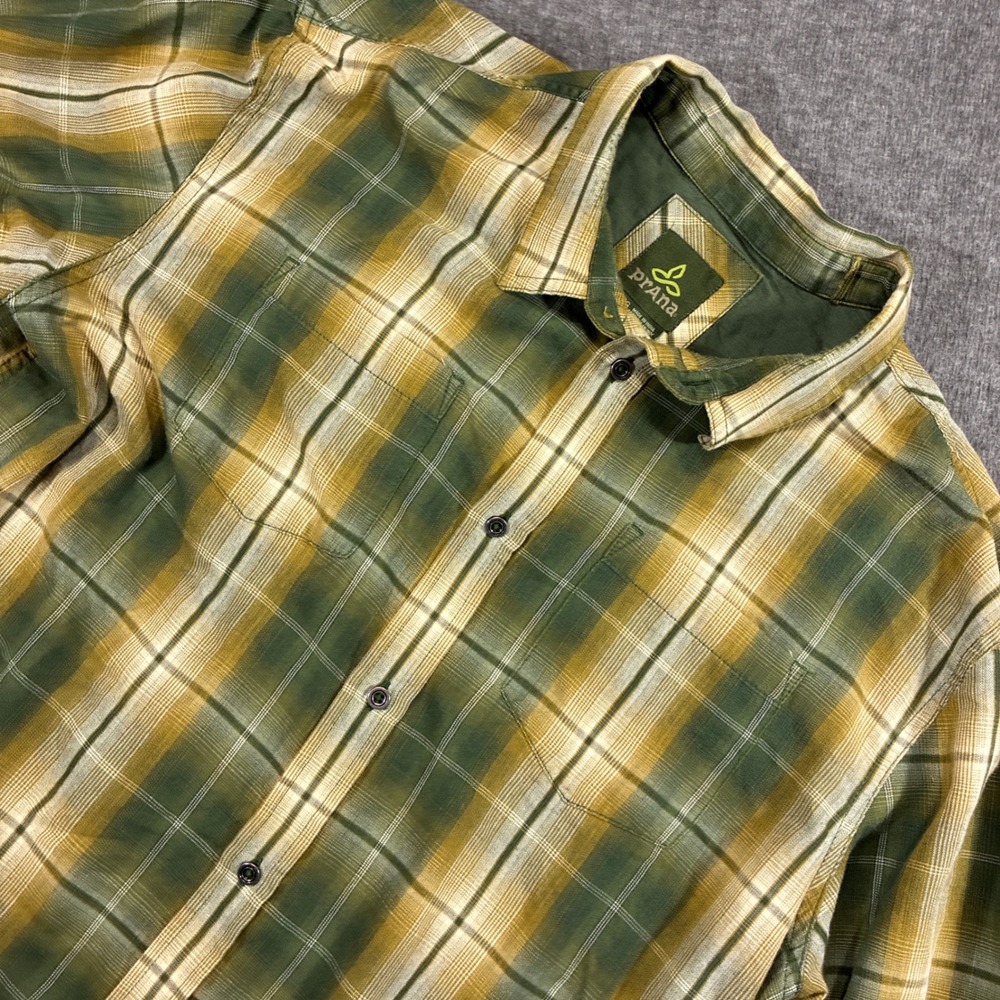 Prana Button Down Shirt Mens XL Green Plaid Organic Cotton Blend Climbing